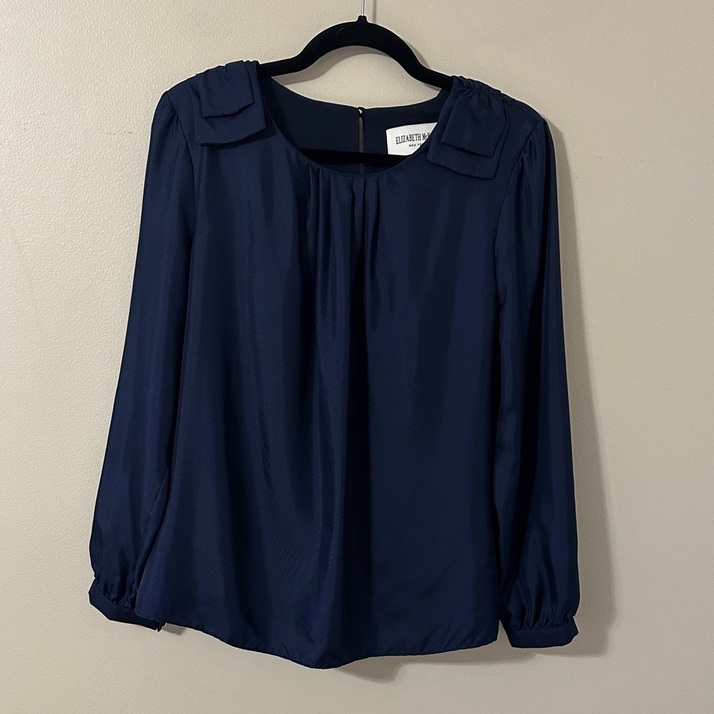 Elizabeth McKay Bouvier Long Sleeve Silk Blouse with Shoulder Bows Navy Size 12